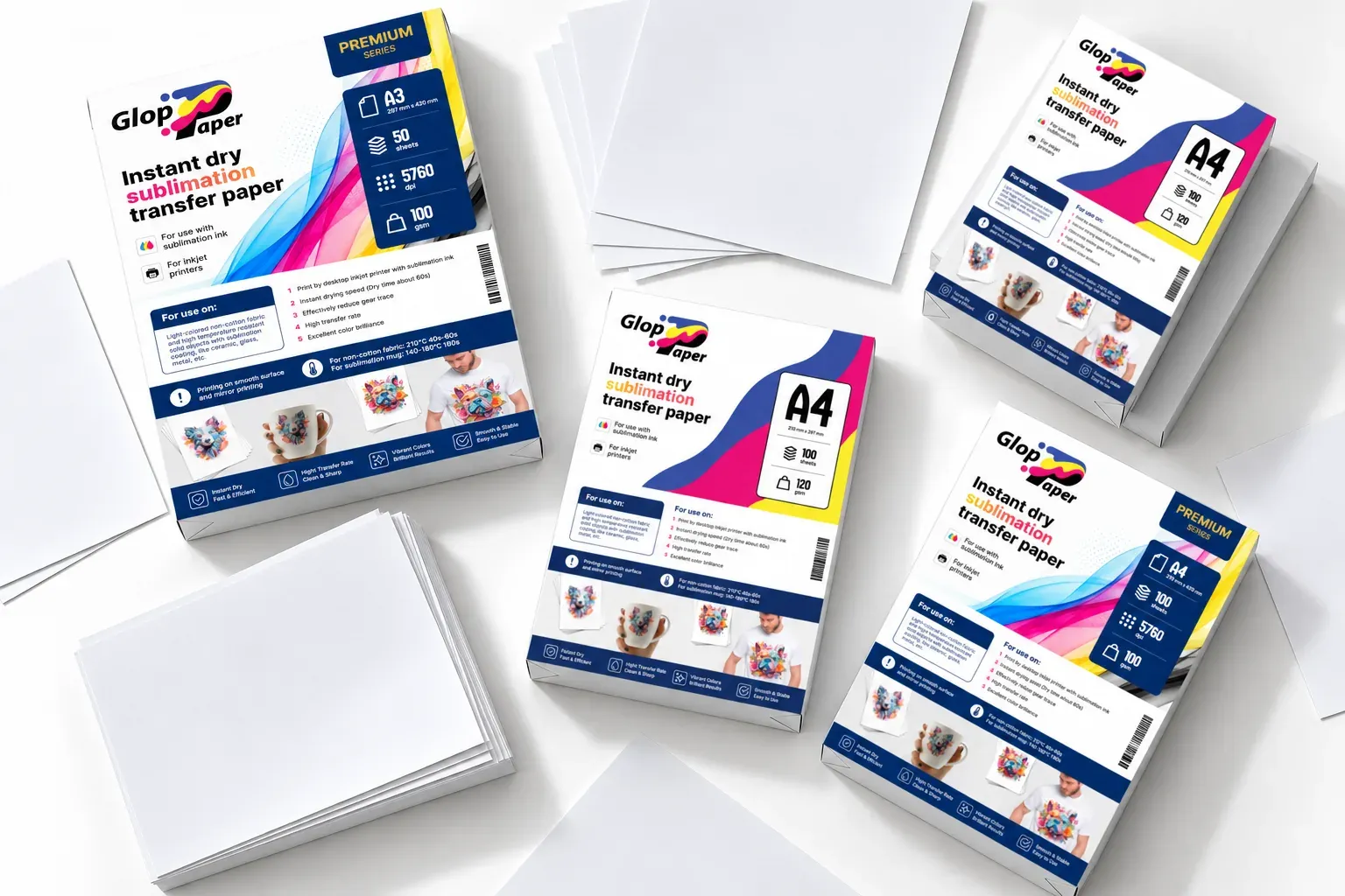 Paquetes de papel GlopPaper Premium y Estándar en formato A4 y A3