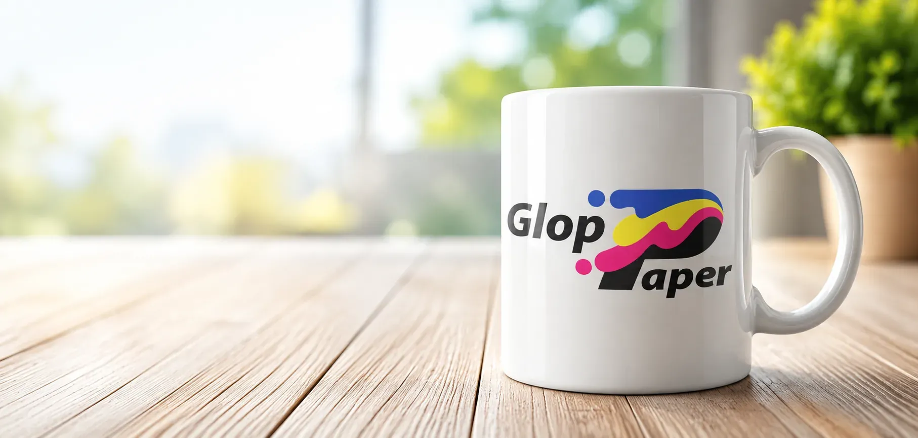 Taza blanca personalizada con el logotipo de GlopPaper
